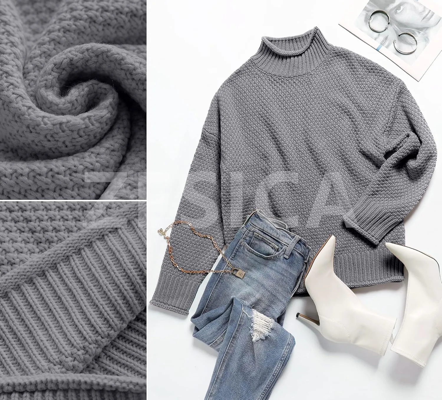 ZESICA Women's Turtleneck Batwing Sleeve Loose Oversized Chunky Knitted Pullover Sweater Jumper Tops