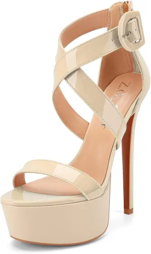 Z.Oufeier Women’s Cross Ankle Strap Platform High Stiletto Heels Open Peep Toe Buckle Dress Sexy Wedding 6 Inch Sandals