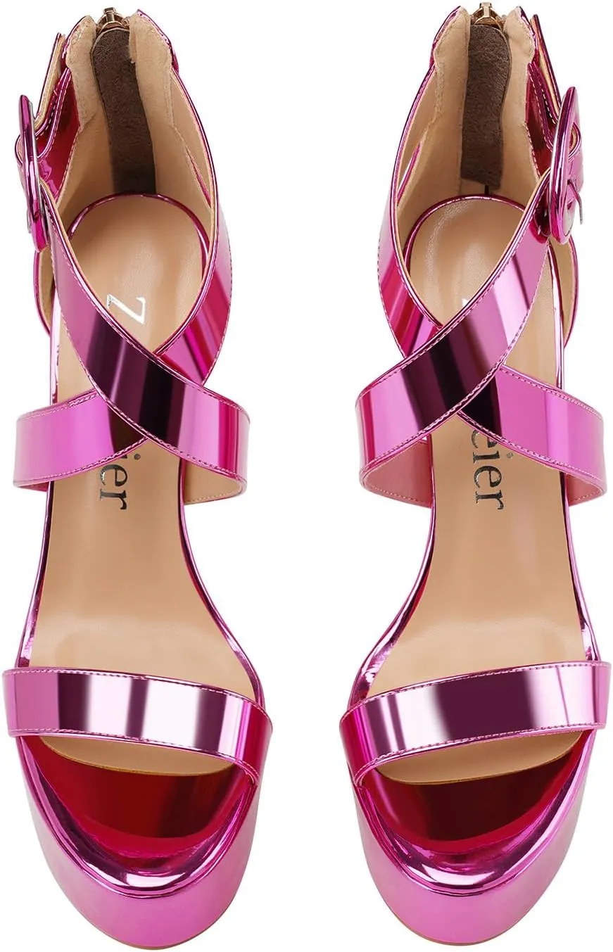 Z.Oufeier Women’s Cross Ankle Strap Platform High Stiletto Heels Open Peep Toe Buckle Dress Sexy Wedding 6 Inch Sandals